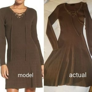 Fraiche brown sweater dress w tie accent